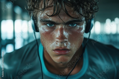 A determined young man with intense eyes, wearing sportswear and headphones, captures focus, strength, and the drive for fitness in a gym environment. photo