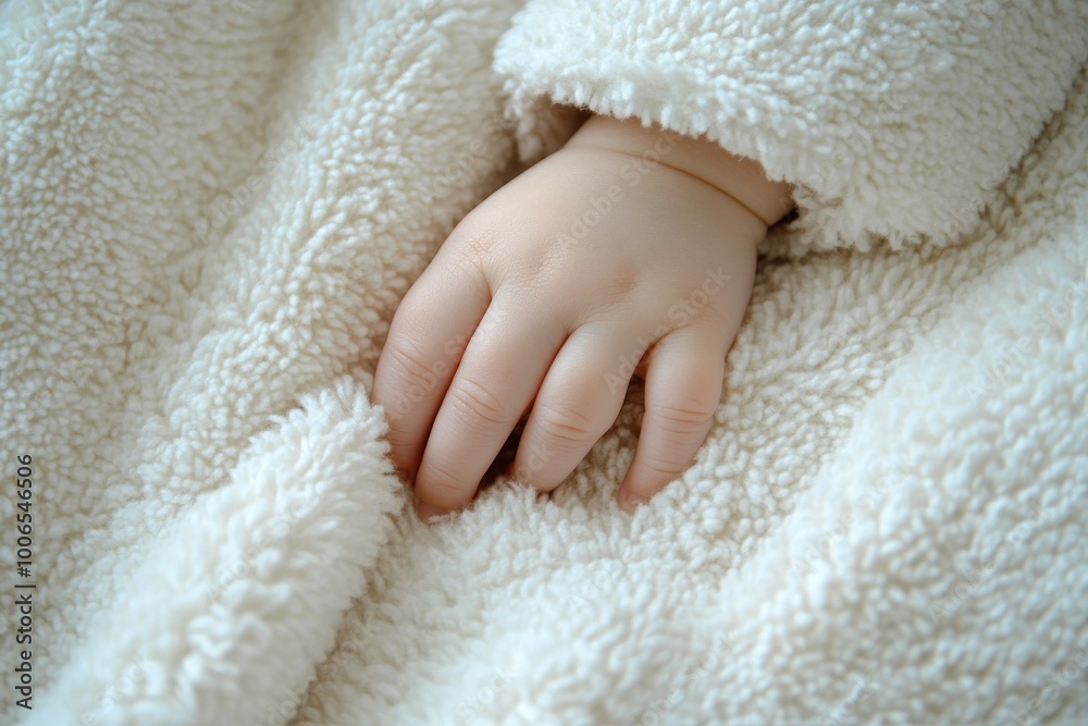 Soft Baby Hand Resting on Cozy Fabric Soft Baby Hand Resting on Cozy Fabric