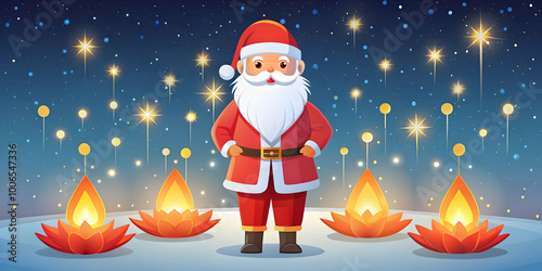 Flat Santa Beside a Krathong Under a Starry Sky - Serene Night Illustration with Copy Space for Festive Messages