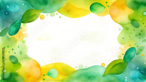 Bright watercolor frame with green leaves and circular patterns