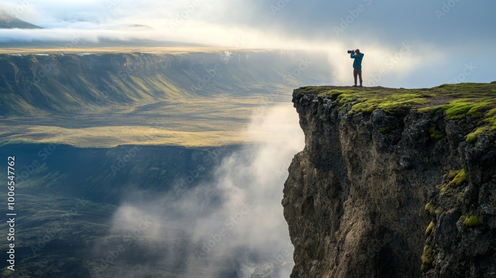 Fototapeta premium A photographer standing on a cliff capturing the vast landscape below