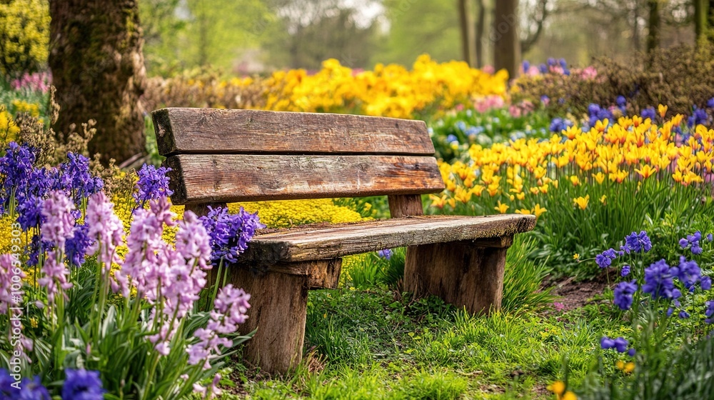 Colorful Garden with Bench Surrounded by Flowers Colorful Garden with Bench Surrounded by Flowers