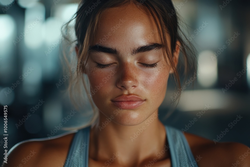 A concentrated woman focuses deeply on inner peace, with closed eyes, embodying strength and serenity in a focused gym environment while meditating in silence. A concentrated woman focuses deeply on inner peace, with closed eyes, embodying strength and serenity in a focused gym environment while meditating in silence.