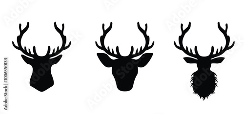 Cartoon deer antlers icon, silhouette. Reindeer antlers and deer horns. Deer or elk heads with horns. Animals face, wildlife. Deer head and horn