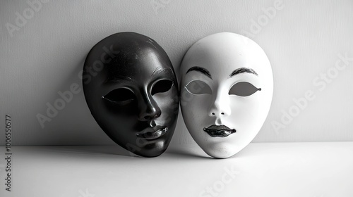 Black and white masks merged together on a white reflective background. Concept of theater and anonymity with ample copy space.