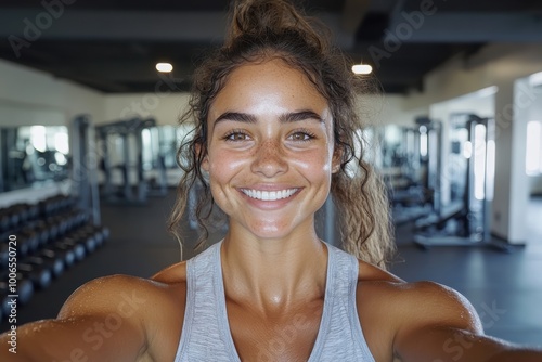 A confident woman with curly hair poses with a glowing smile at the gym. Her athletic build and attire indicate a dedication to fitness and a healthy lifestyle.