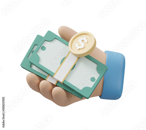 Fotografía 3D rendered illustration of income concept including investment and success with cartoon businessman hand gesture icon holding money, dollar coins and banknotes isolated on transparent background