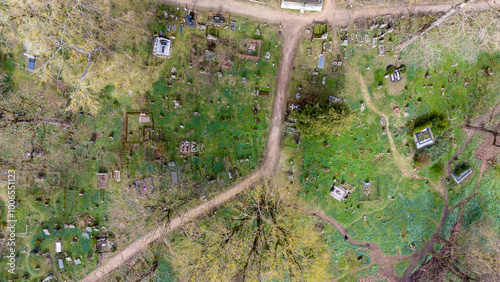 Tableau sur toile Aerial View of a Tranquil Cemetery with blue flowers