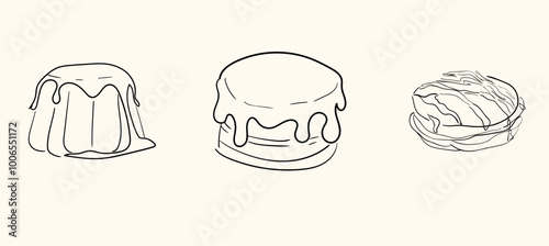 Cake Doodle Retro Set Hand Drawn. Outline Cake Vector Collection. Jelly cake, pancakes. Element for coloring. isolated white.