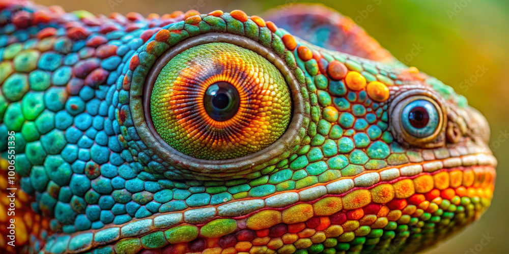 Fototapeta premium A close-up reveals the vivid colors and intricate patterns of an amphibian's skin, showcasing its large, mesmerizing eyes against a blurred, natural background