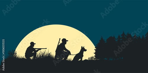 Vektor Silhouetten - Zwei Jäger mit Jagdhund auf der Jagt bei Mondschein am Waldrand 