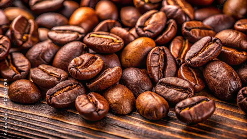 Naklejka premium A collection of freshly roasted coffee beans is spread across a rustic wooden surface, highlighting their deep hues and unique shapes. The rich aroma and quality suggest premium sourcing