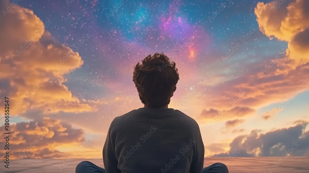 A serene scene of a person sitting quietly, gazing up at the infinite sky filled with soft clouds and a warm sunset glow. This image captures a moment of reflection and tranquility, A serene scene of a person sitting quietly, gazing up at the infinite sky filled with soft clouds and a warm sunset glow. This image captures a moment of reflection and tranquility,