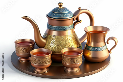 Close-Up Macro Shot of Traditional Persian Tea Set - Capturing Intricate Designs and Textures of Teapot and Cups for Stock Photography