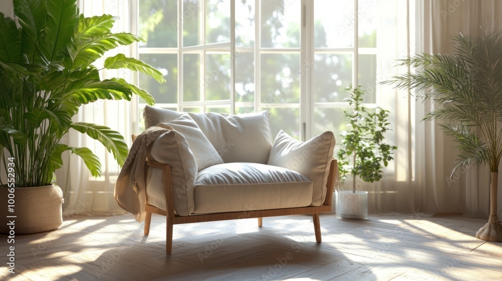 A computer-generated cozy armchair set in a bright living room, illuminated by sunlight streaming through clear windows. A computer-generated cozy armchair set in a bright living room, illuminated by sunlight streaming through clear windows.