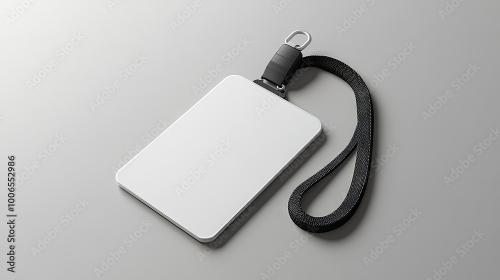 Clean, professional mockup of a white plastic ID badge with a black lanyard on a gray background. Ideal for events and branding. Clean, professional mockup of a white plastic ID badge with a black lanyard on a gray background. Ideal for events and branding.
