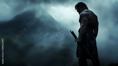 A determined Scottish Highlander, wearing a kilt and holding a claymore, standing against a backdrop of misty mountains, ready to fight for freedom. Highlander in the misty mountains.




