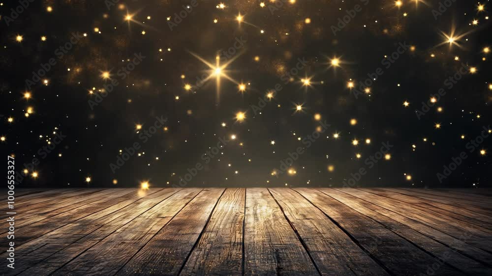 Abstract background with gold particles and glittering stars. Shining golden floor. Futuristic luxury concept.