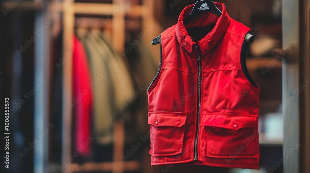 Obraz premium A small red vest displayed against a neutral background, showcasing its vibrant color and stylish design. This vest features a classic cut and is made from high-quality fabric, 