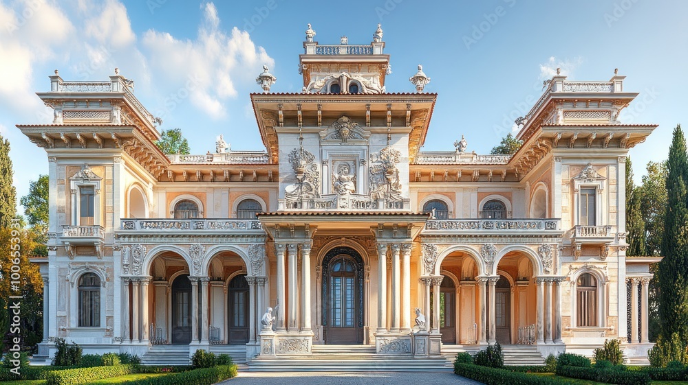 Obraz premium Elegant mansion with ornate architecture and lush surroundings.