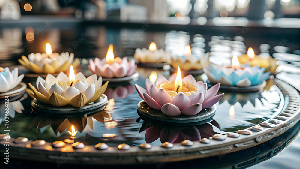 Naklejka premium 3D Loy Krathong Vector Illustration with Floating Petals, Serene Beauty & Festive Atmosphere on White Background