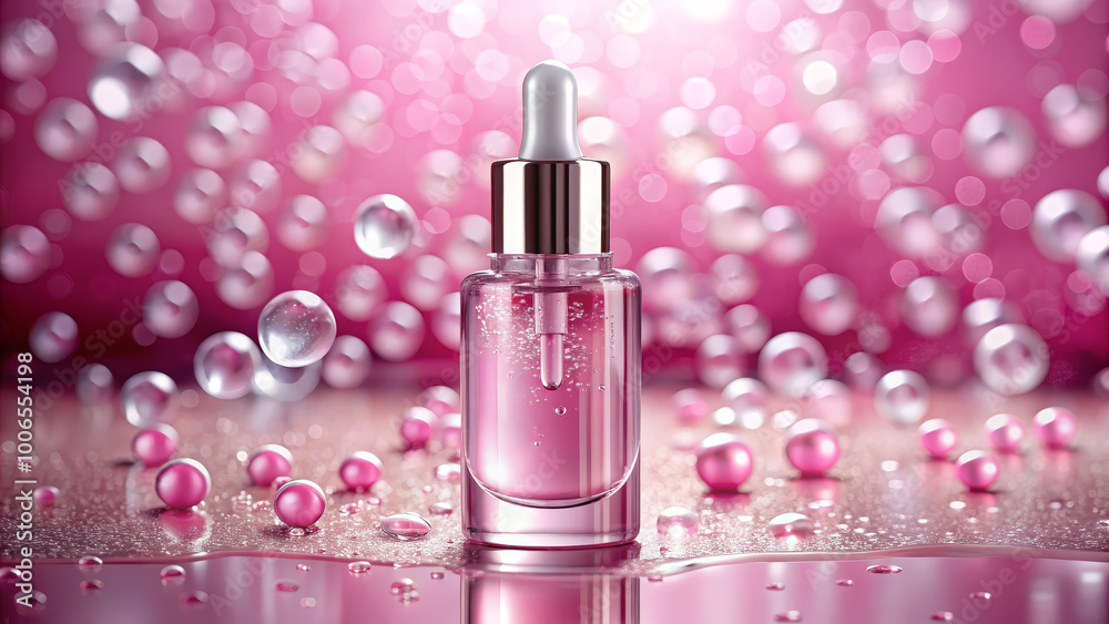 The dropper bottle filled with luminous pink serum is centrally placed, surrounded by shimmering bubbles and colorful pearls, creating an elegant and enticing display The dropper bottle filled with luminous pink serum is centrally placed, surrounded by shimmering bubbles and colorful pearls, creating an elegant and enticing display