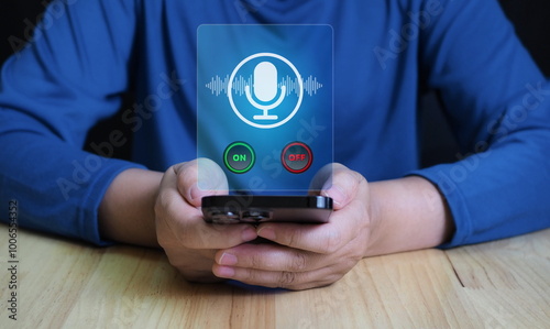 Mic icon and record wave. Deepfake scam. Virtual clone. Chat message. Translation or language learning.audio recording app on phone.