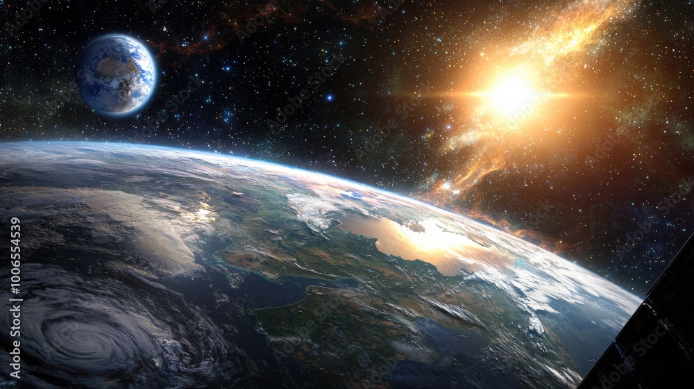 Celestial spectacle: Earth and moon in orbit against a backdrop of swirling galaxies and a brilliant cosmic explosion.