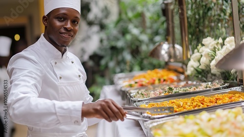 Sophisticated catering services showcased by a professional African waiter, elegantly presenting a beautifully arranged table with gourmet dishes. The waiter, dressed in a stylish uniform