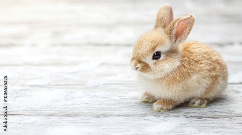 Obraz premium Cute toy rabbit on a white wooden surface, perfect for winter-themed backgrounds with copy space.