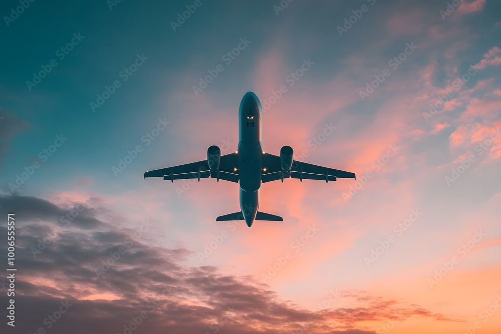 Airplane flying through an sky during sunset. Generative AI. Airplane flying through an sky during sunset. Generative AI.