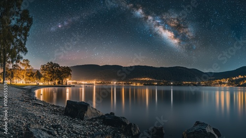 Milky Way arches over serene lake at night, distant town lights reflected in calm waters, rocky shore in foreground photo