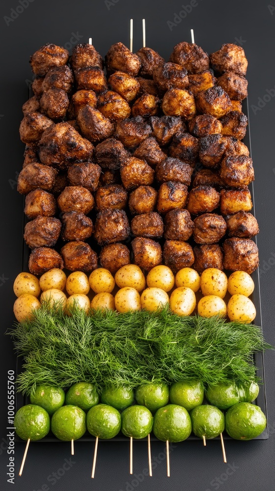 This platter presents an elegant assortment of grilled meat, tender potatoes, and vibrant roasted vegetables, ideal for a gathering or special occasion in a dimly lit setting This platter presents an elegant assortment of grilled meat, tender potatoes, and vibrant roasted vegetables, ideal for a gathering or special occasion in a dimly lit setting