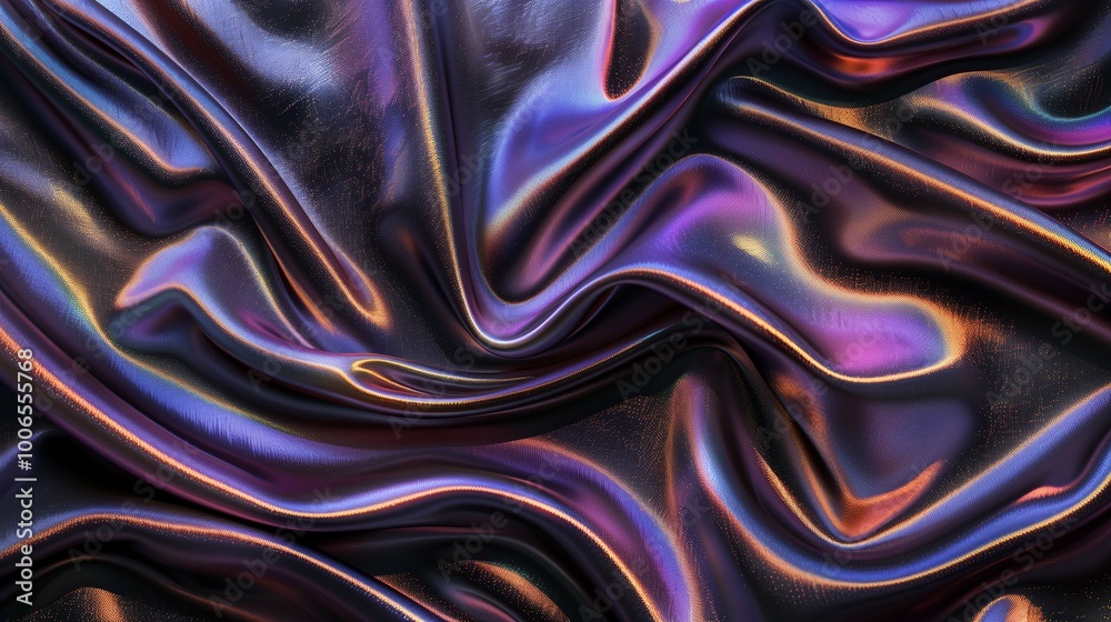 Obraz premium Holographic dark purple satin with wrinkles pattern closeup image. Iridescent glowing fabric for sewing close up photography. Innovative ideas of fashion industry concept photo realistic
