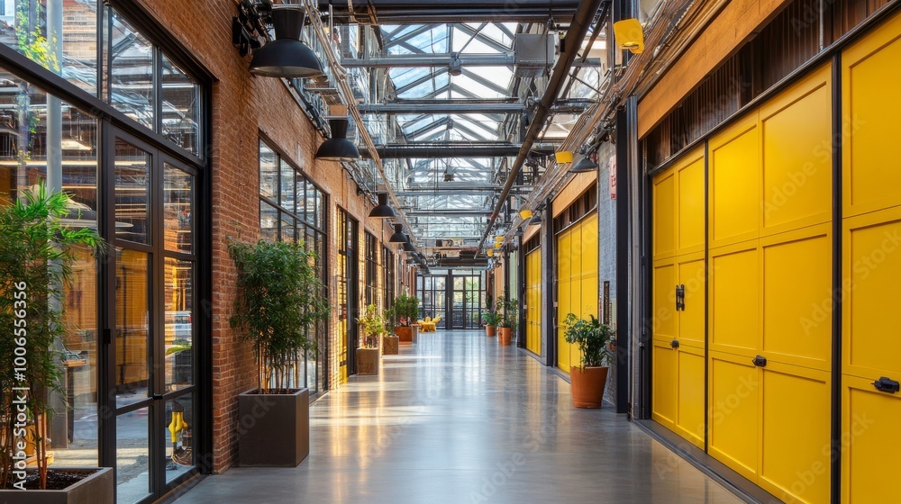 An expansive corridor in a modern industrial setting, adorned with yellow garage doors and potted plants, illuminated by natural light from clear windows. An expansive corridor in a modern industrial setting, adorned with yellow garage doors and potted plants, illuminated by natural light from clear windows.