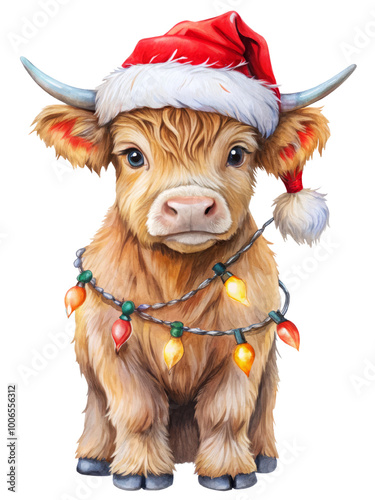 Cute Baby Highland Cow in Santa Hat with Christmas Lights