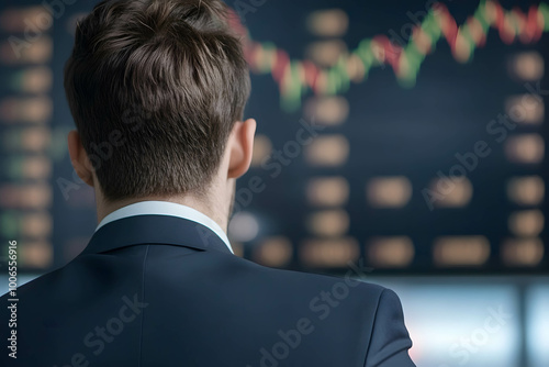 back view of investor or businessman with stock market background.