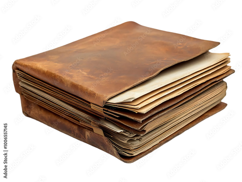 Old Leather Journal with Blank Pages Open Against a Transparent Background Old Leather Journal with Blank Pages Open Against a Transparent Background