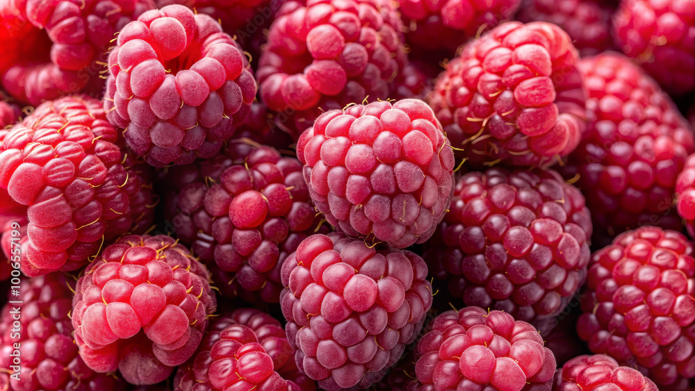 A close-up view reveals a multitude of fresh raspberries, their rich red hues and varied textures highlighting their juicy nature. Perfectly ripe, these berries display a delightful abundance A close-up view reveals a multitude of fresh raspberries, their rich red hues and varied textures highlighting their juicy nature. Perfectly ripe, these berries display a delightful abundance