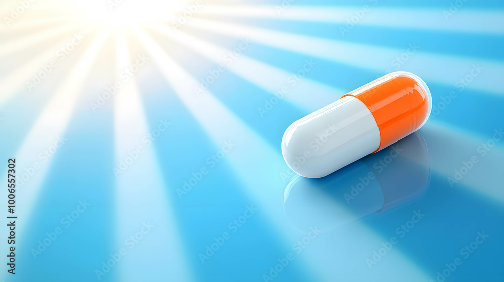 Illustration of a capsule pill in the center of the image. Surrounded by a sunburst ray. copy space for text. Illustration of a capsule pill in the center of the image. Surrounded by a sunburst ray. copy space for text.