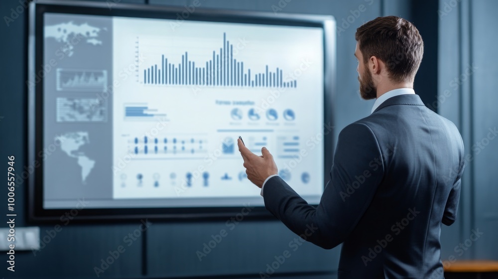 A businessman giving a presentation using a futuristic digital whiteboard A businessman giving a presentation using a futuristic digital whiteboard