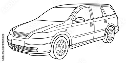 classic station wagon. Different five view shot - front, rear, side and 3d. Outline doodle vector illustration