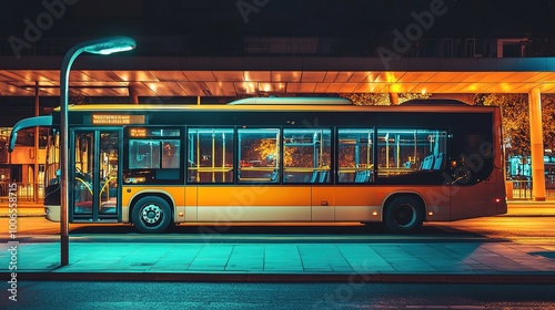 A city bus parked at a bustling bus station, showcasing its vibrant colors and design against a backdrop of commuters and urban architecture. The scene captures the essence of public transportation, 