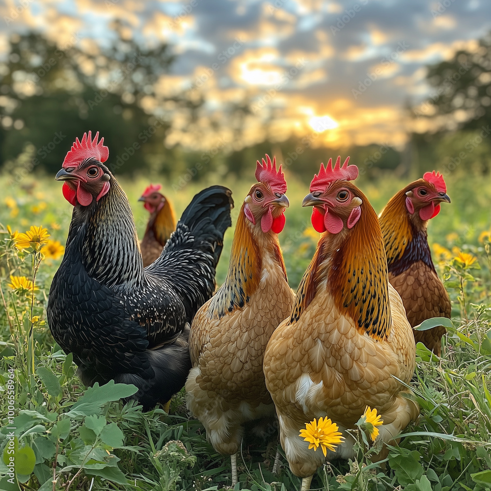 Fototapeta premium chickens and a rooster standing in the grass
