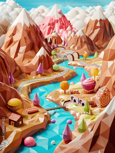 D Illustrated Dessert Landscape in Lowpoly Geometric Art Style photo