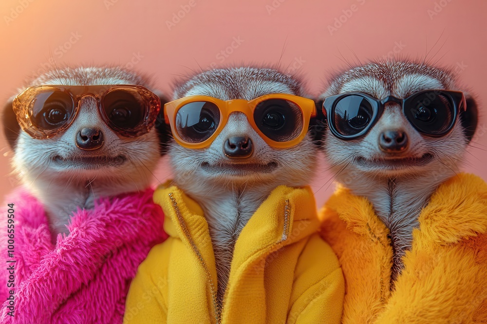 Fototapeta premium playful and colorful concept featuring a group of meerkats dressed in vibrant outfits against a solid background infusing humor and creativity into a birthday party invite