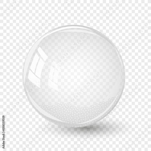 Transparent water bubble with small balls. Soap bubble, crystal glass ball. Beauty product, moisture, skincare transparent bubbles top view, scatter splashes