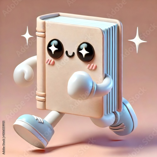 Charming running book character with sparkling eyes and beige cover photo