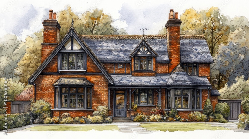 A charming brick house with a gabled roof and lush surroundings. A charming brick house with a gabled roof and lush surroundings.