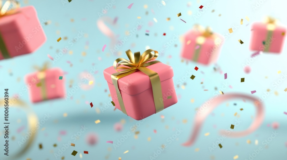 Fototapeta premium A mesmerizing display of red gift boxes adorned with golden ribbons soaring amidst a playful frenzy of confetti in a light blue sky